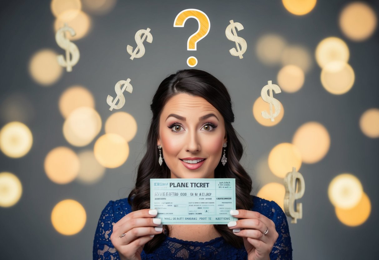 A bridesmaid holding a plane ticket with a question mark above her head, surrounded by dollar signs and wedding-related items