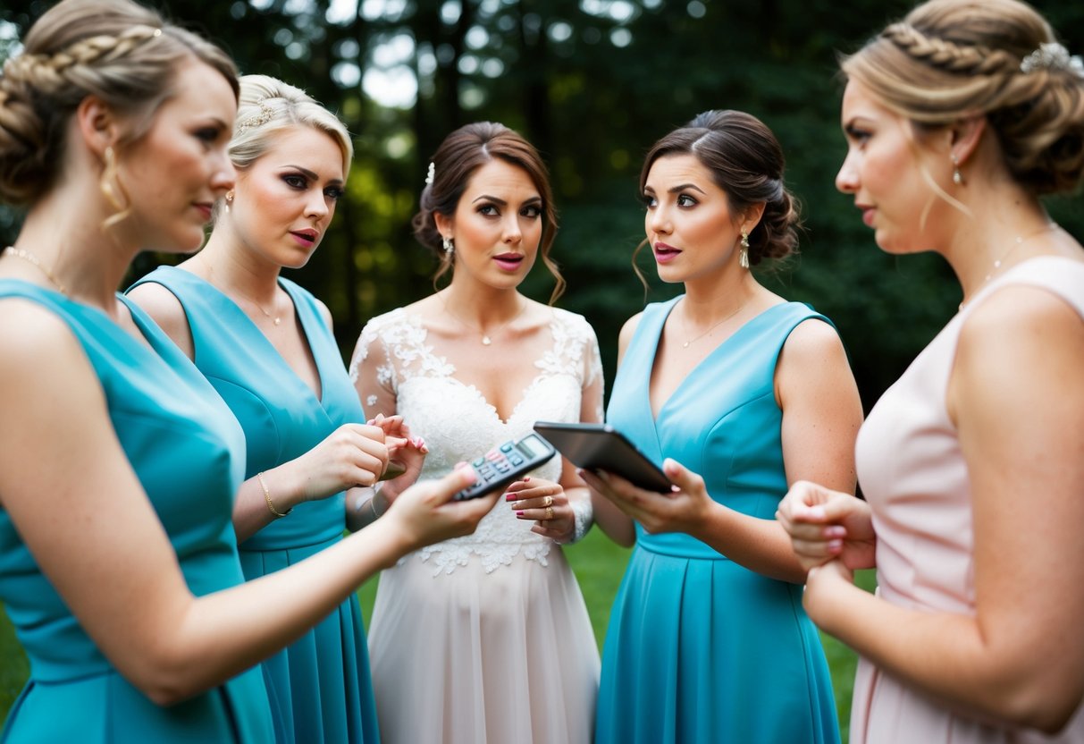Bridesmaids discussing cost breakdown, one holding a calculator