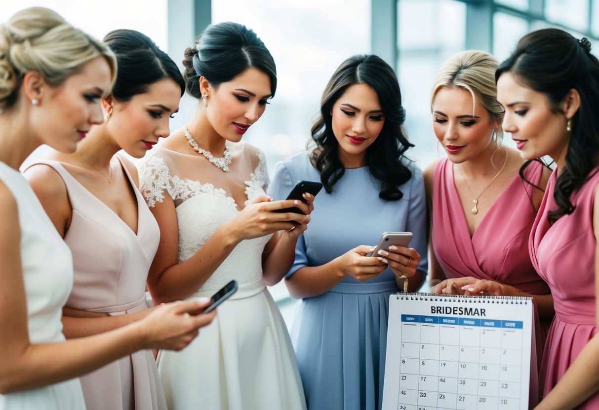 Bridesmaids discussing and planning, one holding a smartphone while others look at a calendar and flight information