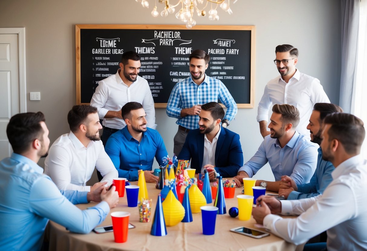 A group of men gathered around a table covered in party decorations, discussing potential themes for a bachelor party. A chalkboard with various theme ideas is visible in the background