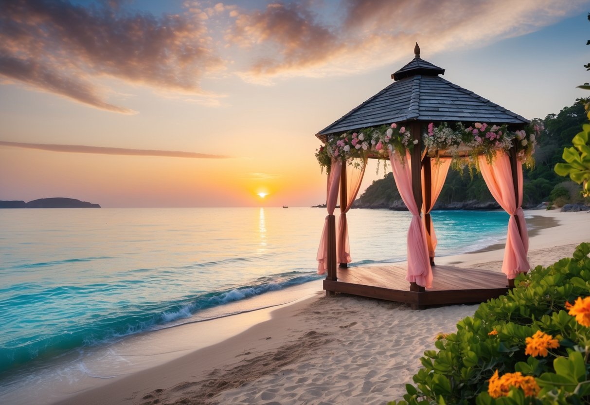 A picturesque beach with a romantic sunset and a gazebo adorned with flowers and flowing fabric, surrounded by crystal-clear water and lush greenery