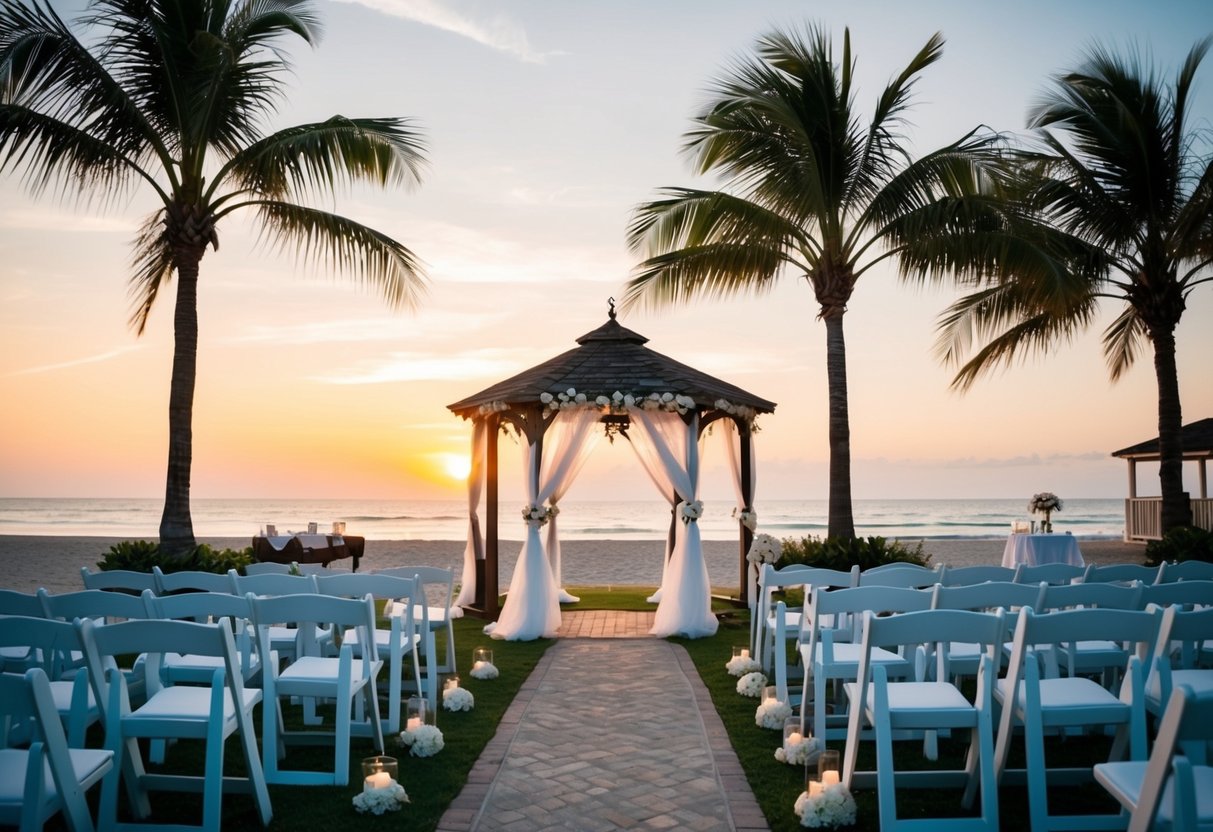 A beach setting with a beautiful sunset, palm trees, and a gazebo decorated for a wedding ceremony. White chairs are set up in rows, and the ocean is visible in the background
