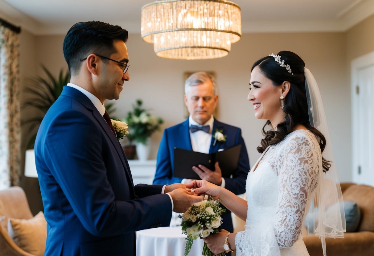 A registrar conducting a marriage ceremony in a cozy home setting