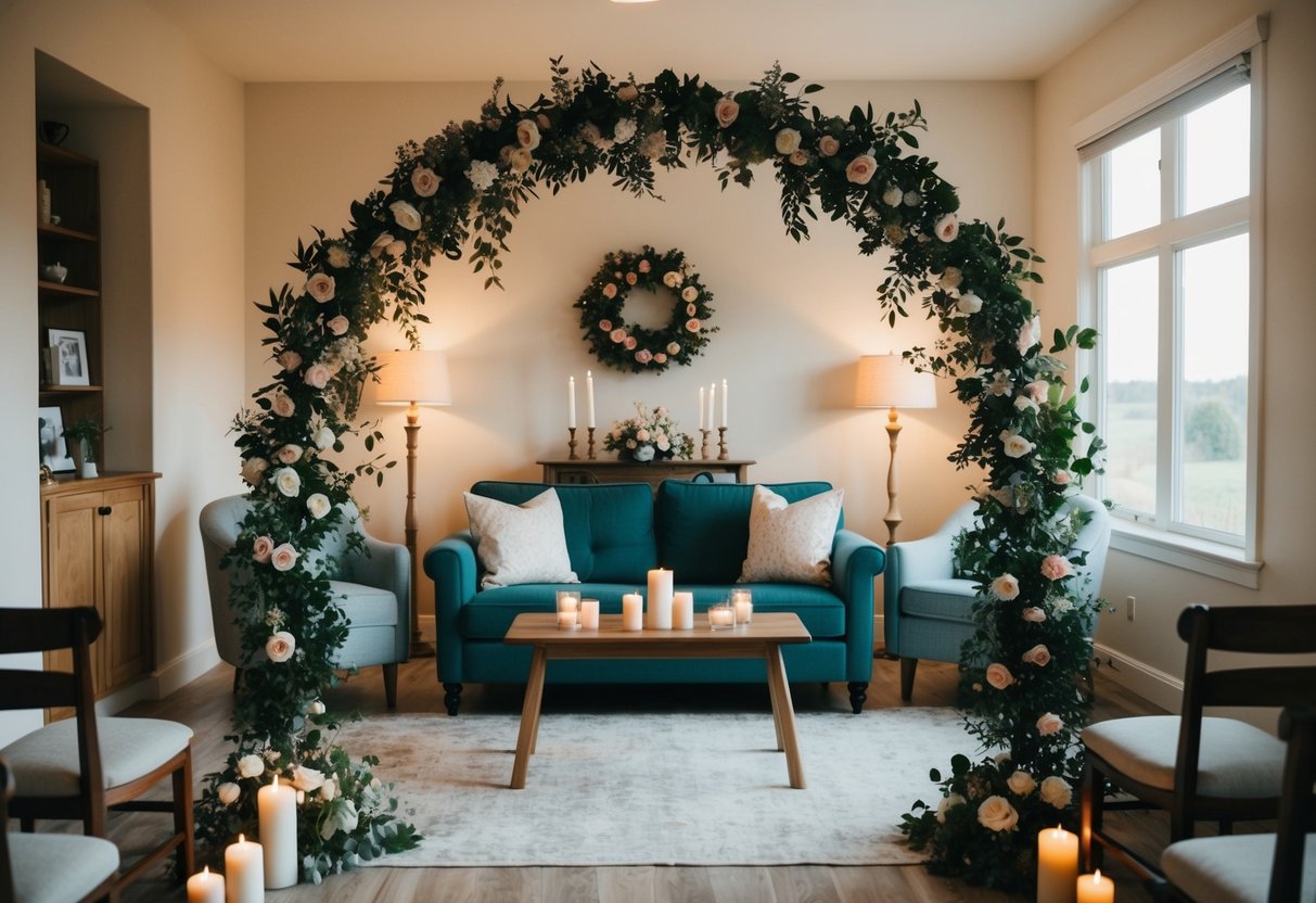 A cozy living room with a floral arch, candles, and a small altar set up for a home wedding ceremony