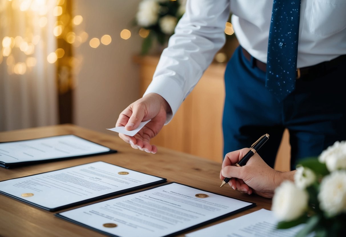 A registrar conducting a home marriage ceremony with legal documents and process in the background