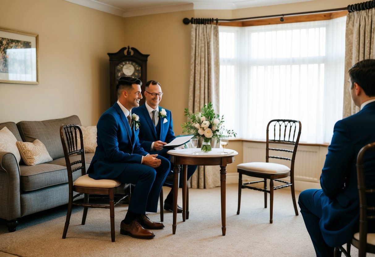 A cozy living room with a small table set up for a wedding ceremony, complete with a marriage registrar and two chairs for the couple