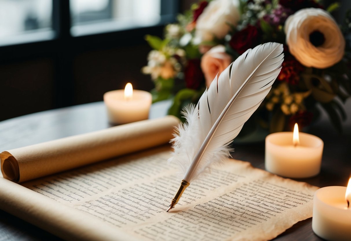 A quill pen rests on a parchment scroll, surrounded by flowers and candles