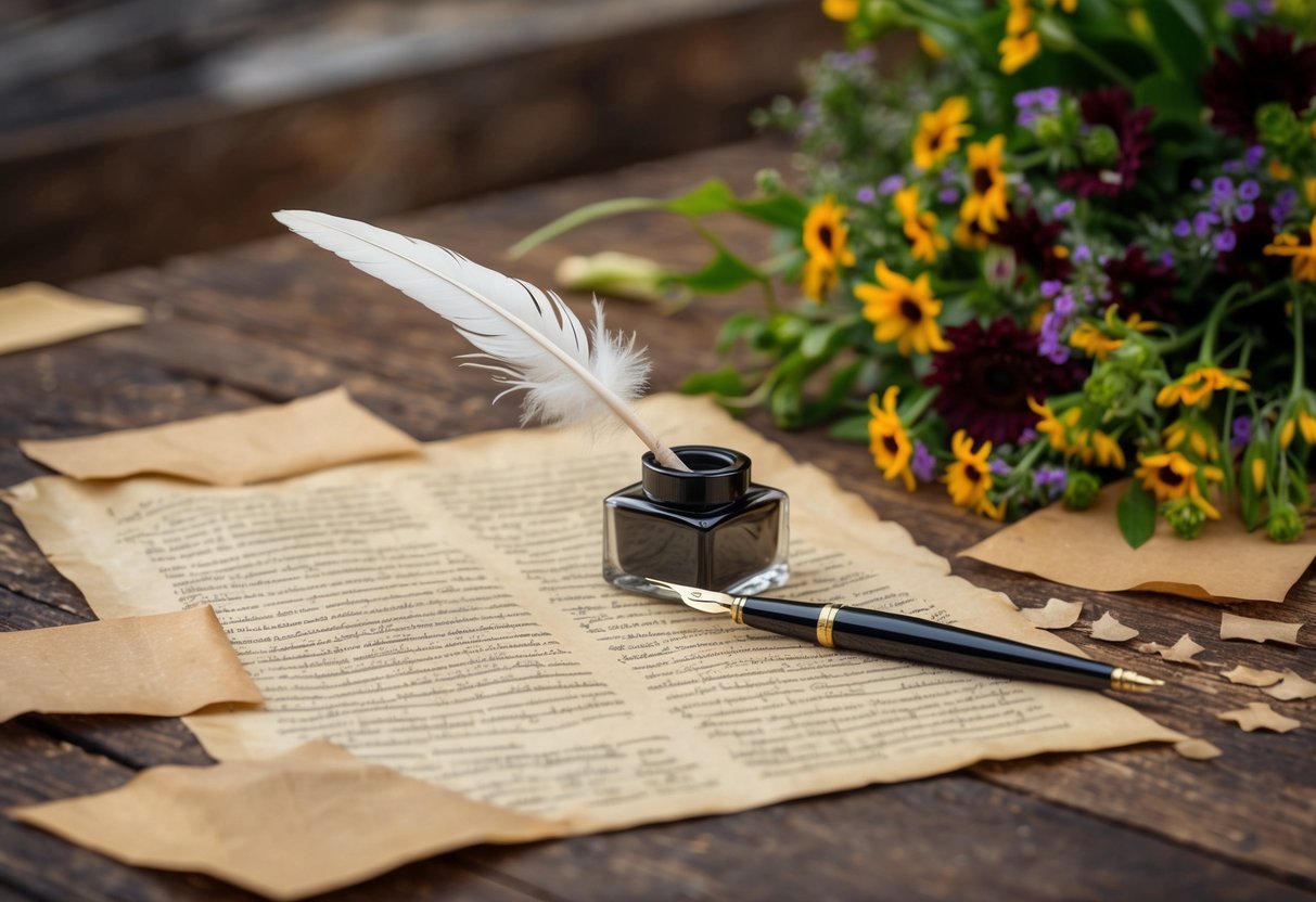 A quill pen and inkwell sit on a rustic wooden desk, surrounded by scattered parchment and a bouquet of wildflowers