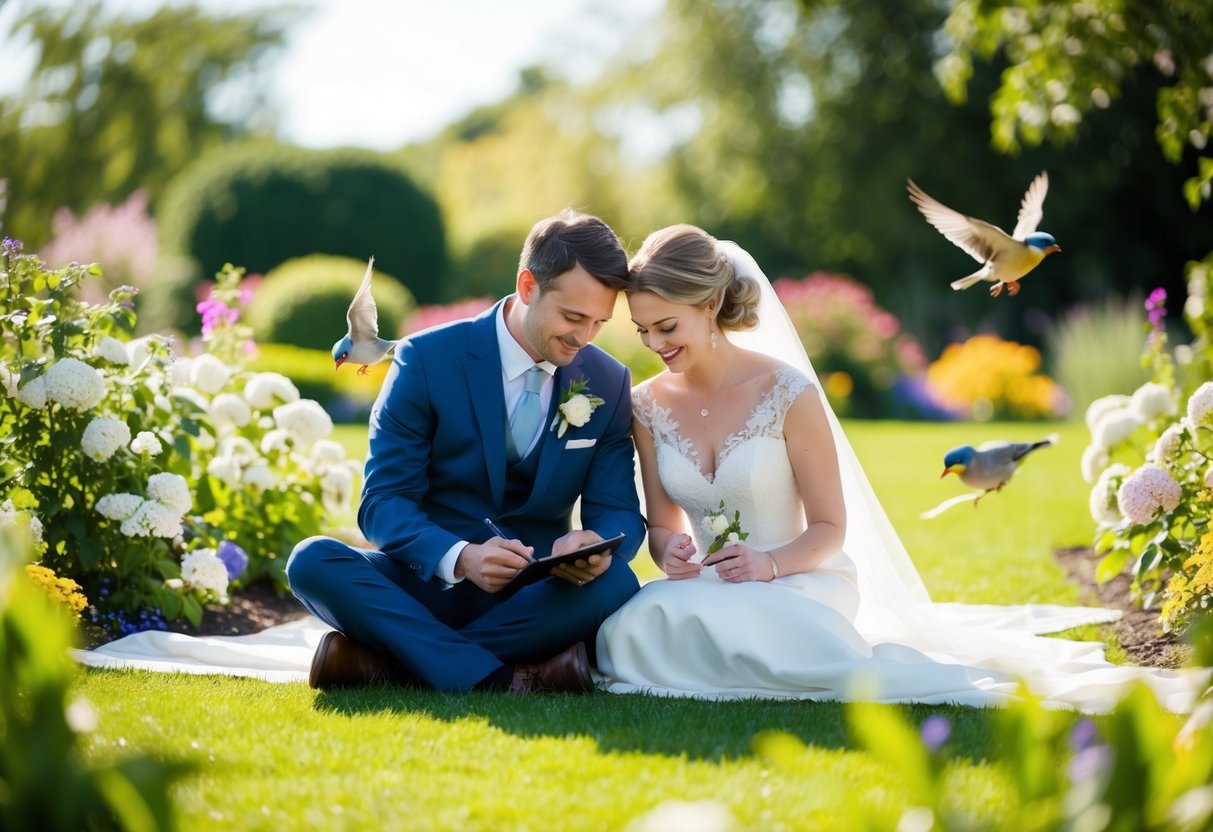A couple sits together in a peaceful garden, surrounded by blooming flowers and chirping birds, as they write their vows on a sunny morning