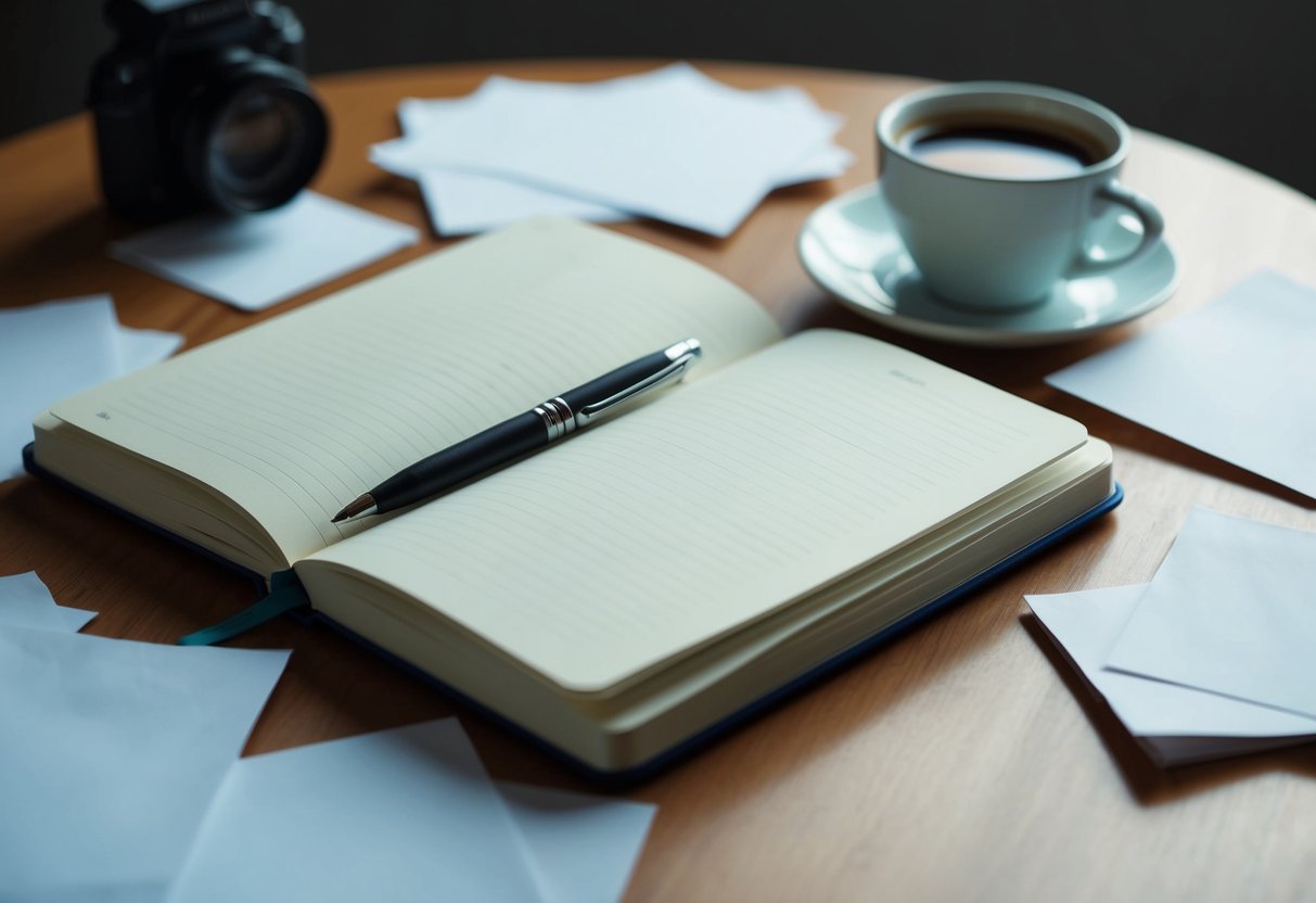 An open notebook with a pen resting on top, surrounded by scattered sheets of paper and a cup of coffee