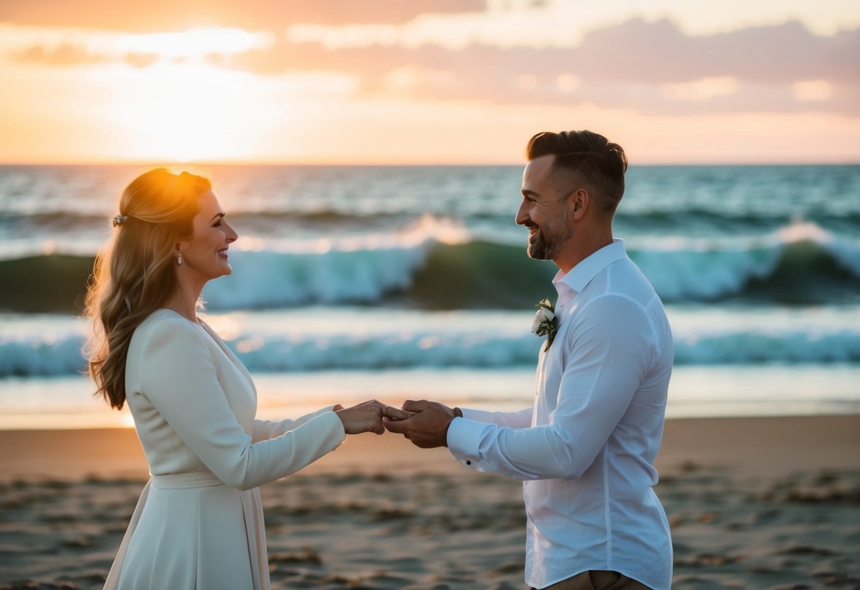 A couple standing on a beach at sunset, holding hands and exchanging meaningful vows with the ocean waves crashing in the background