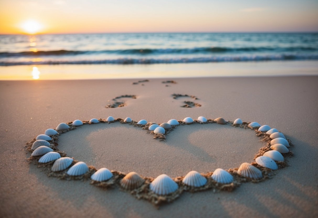 A serene beach at sunset, with two sets of footprints in the sand leading towards the ocean, surrounded by a heart-shaped arrangement of seashells