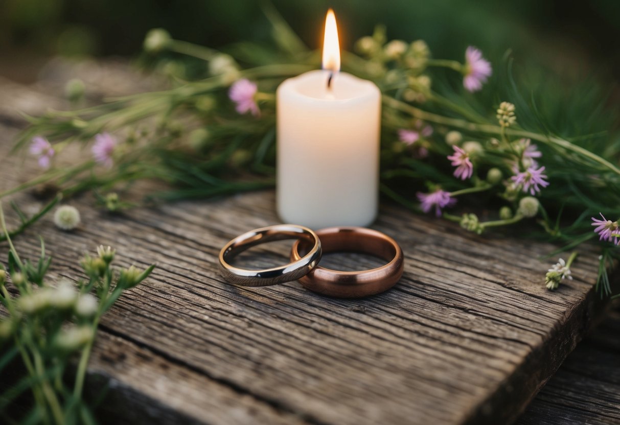 A rustic wooden table with two intertwined rings and a single lit candle, surrounded by delicate wildflowers and greenery