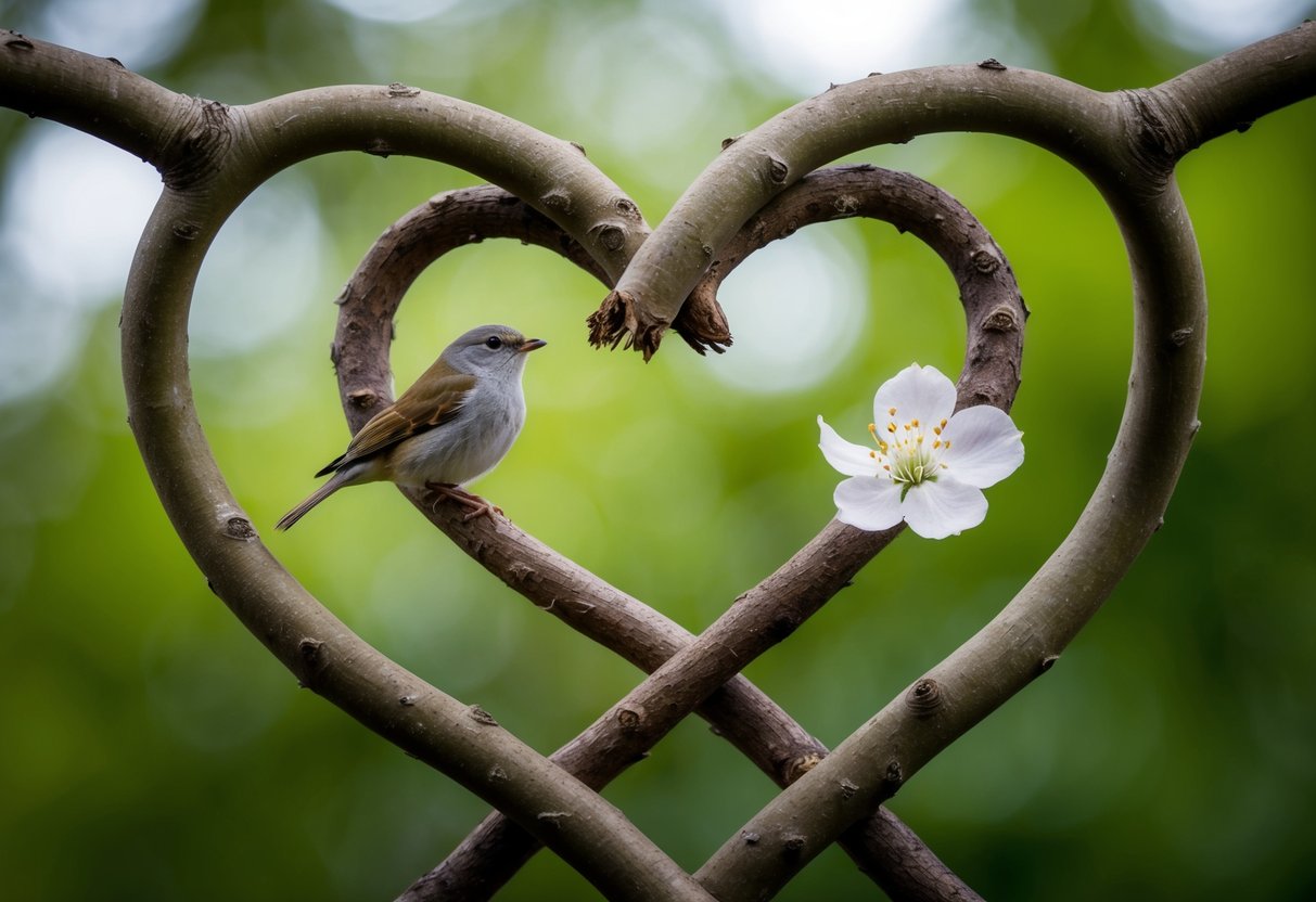 A pair of entwined tree branches forming a heart shape, with a small bird perched on one branch and a delicate flower blooming on the other