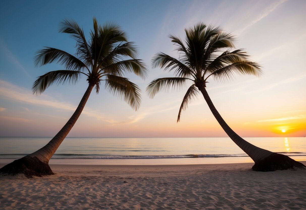 A serene beach at sunset, with two intertwined palm trees and a gentle breeze blowing through, symbolizing the renewal of vows