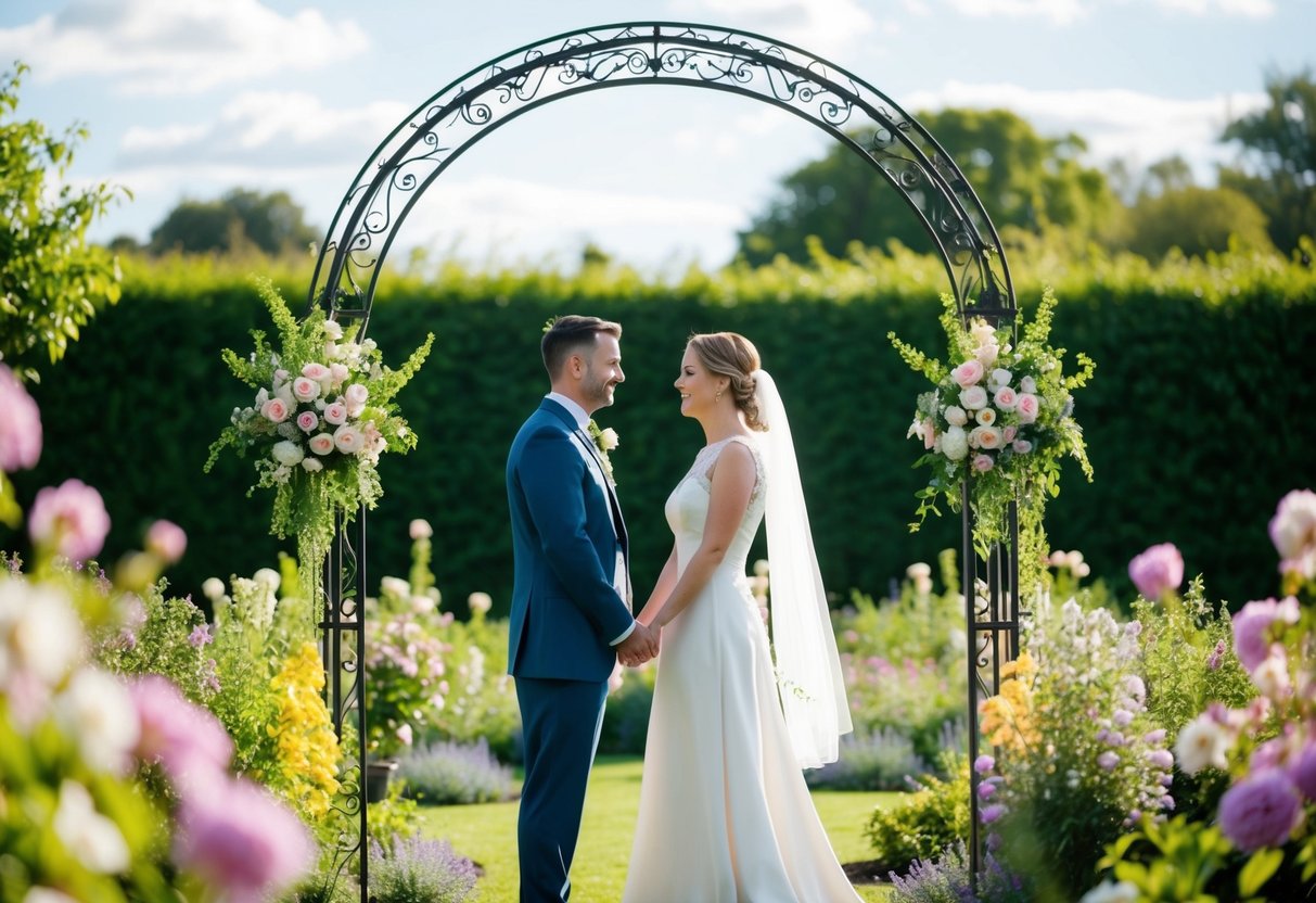 A couple stands in a garden, surrounded by blooming flowers and a decorative archway, discussing the necessity of renewing their vows