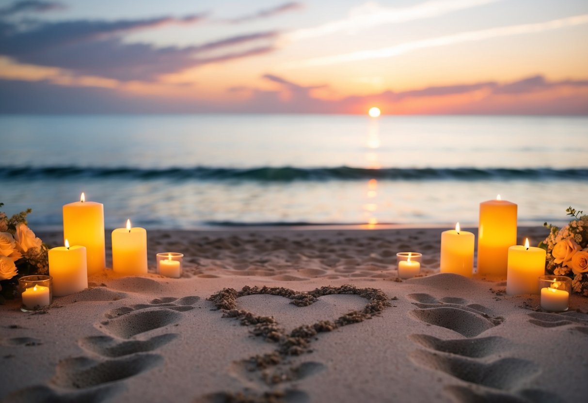 A serene beach at sunset, with two sets of footprints leading towards a heart drawn in the sand, surrounded by candles and flowers