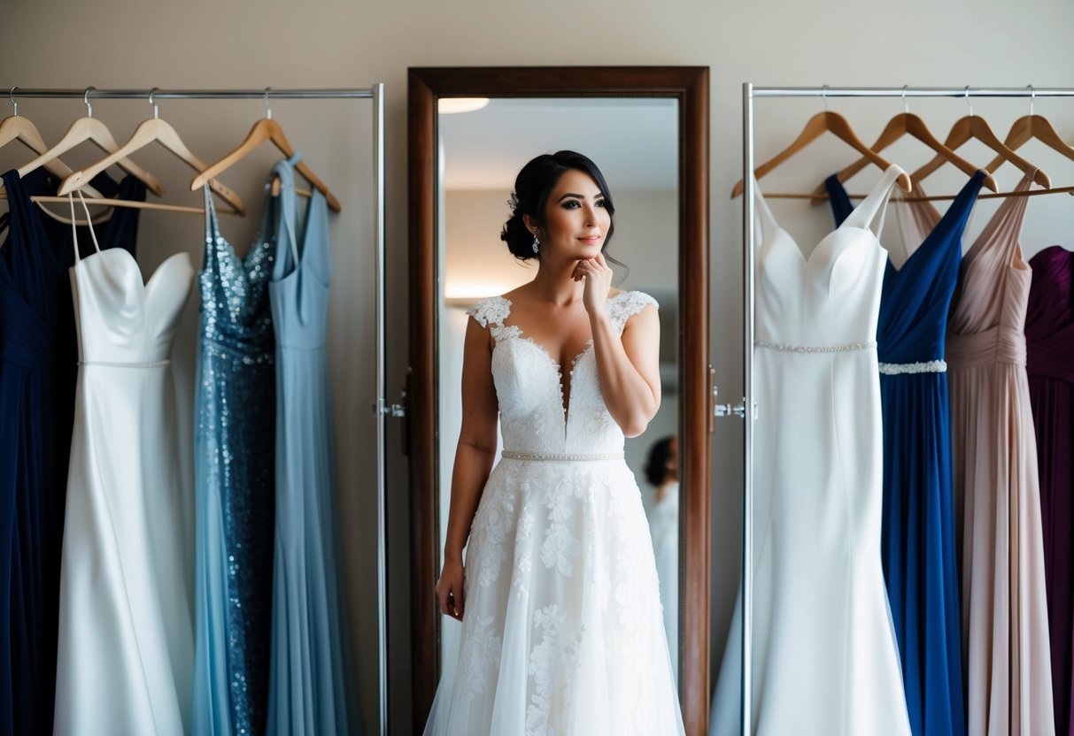 A bride standing in front of a full-length mirror, surrounded by a variety of wedding dress options, with a thoughtful and contemplative expression on her face
