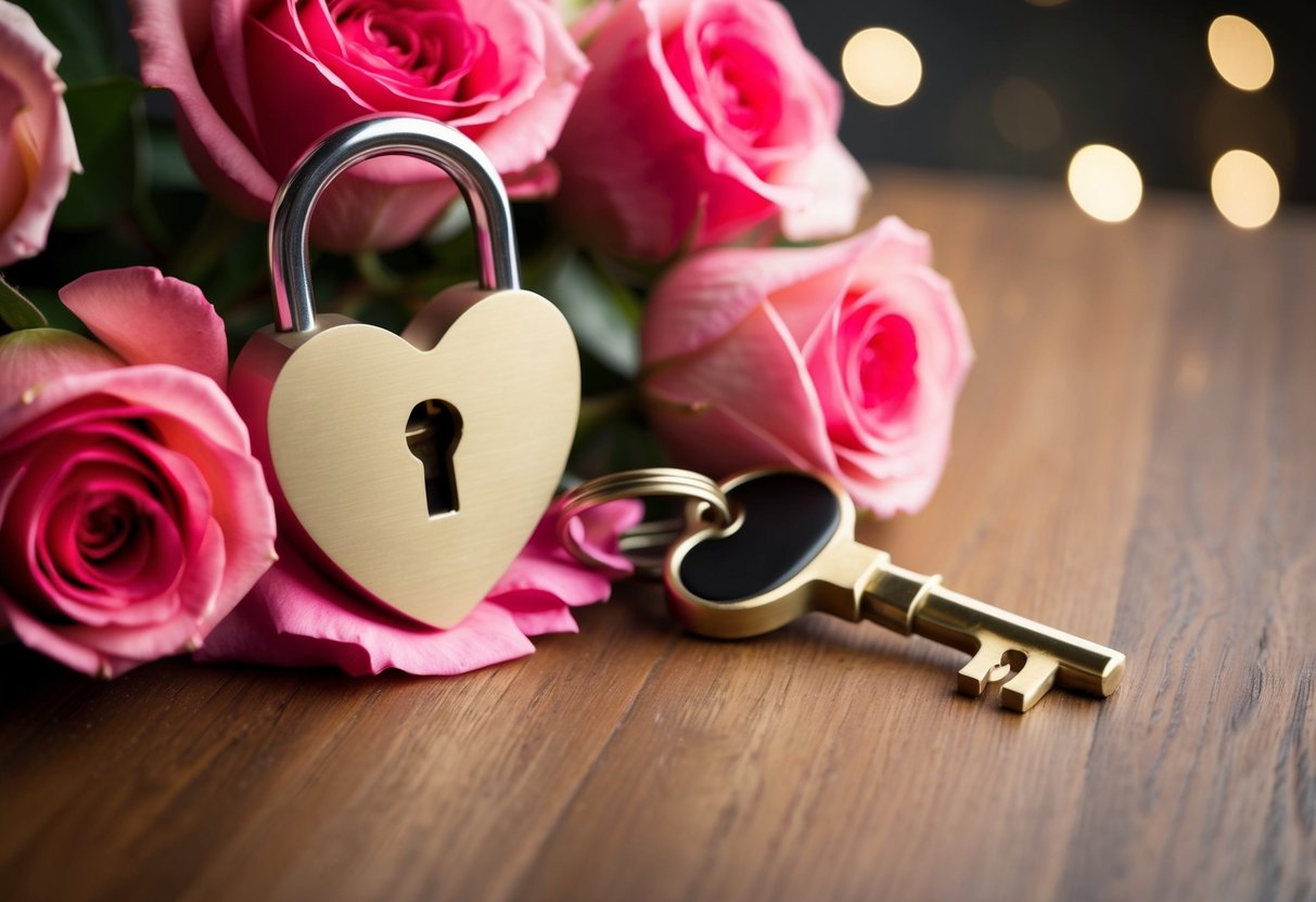 A heart-shaped lock and key surrounded by blooming roses