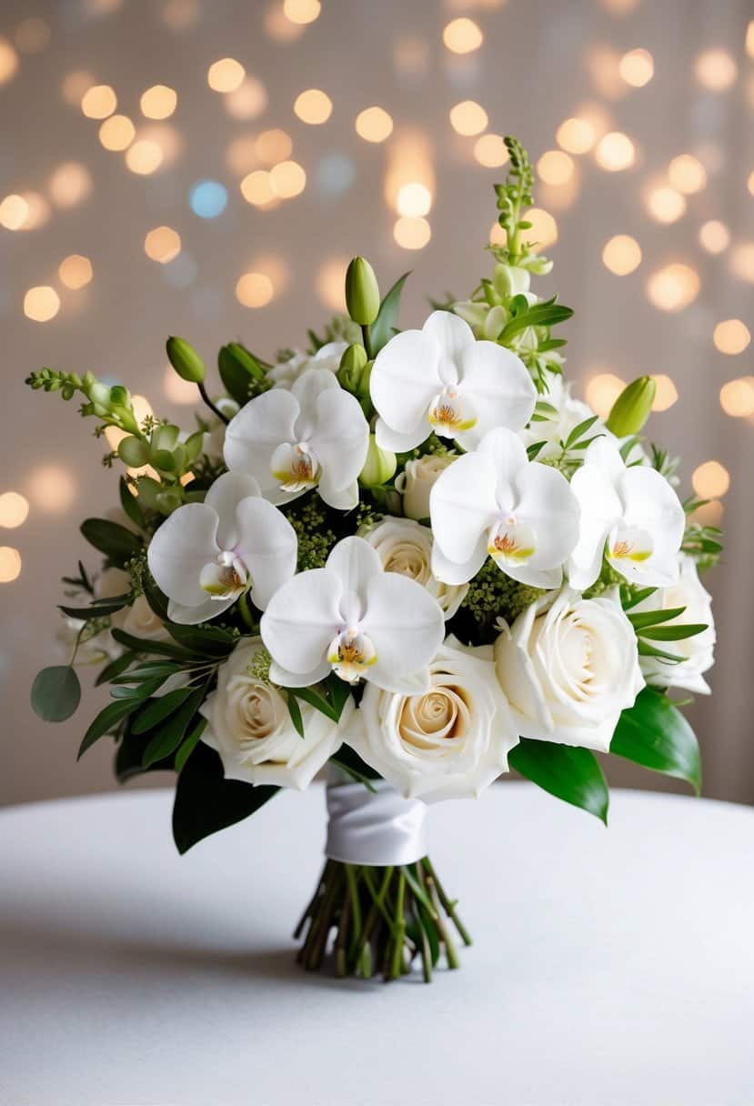 A white wedding bouquet of elegant orchids and greenery