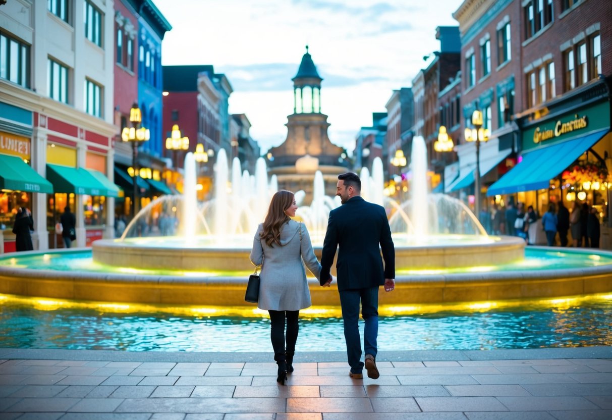 A couple walks past illuminated fountains at The Gateway, surrounded by colorful storefronts and bustling restaurants