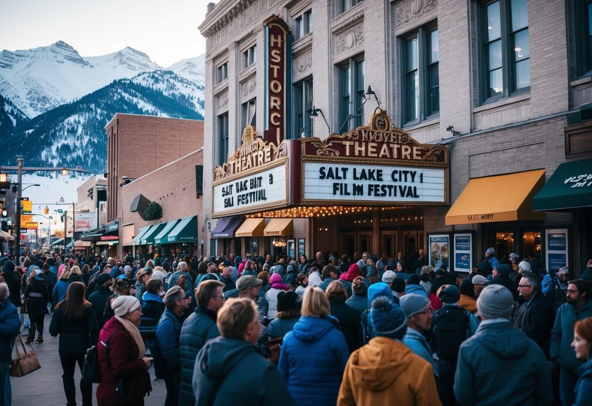 Crowds gather outside a historic theater in Salt Lake City, with snow-capped mountains in the background. Film festival banners line the streets, as people explore nearby shops and cafes