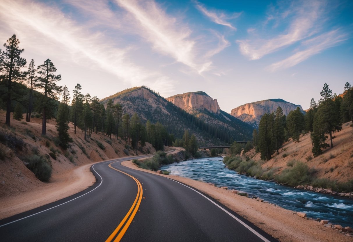 A winding road through Big Cottonwood Canyon with towering pine trees and a rushing river alongside, leading towards the mountains in the distance