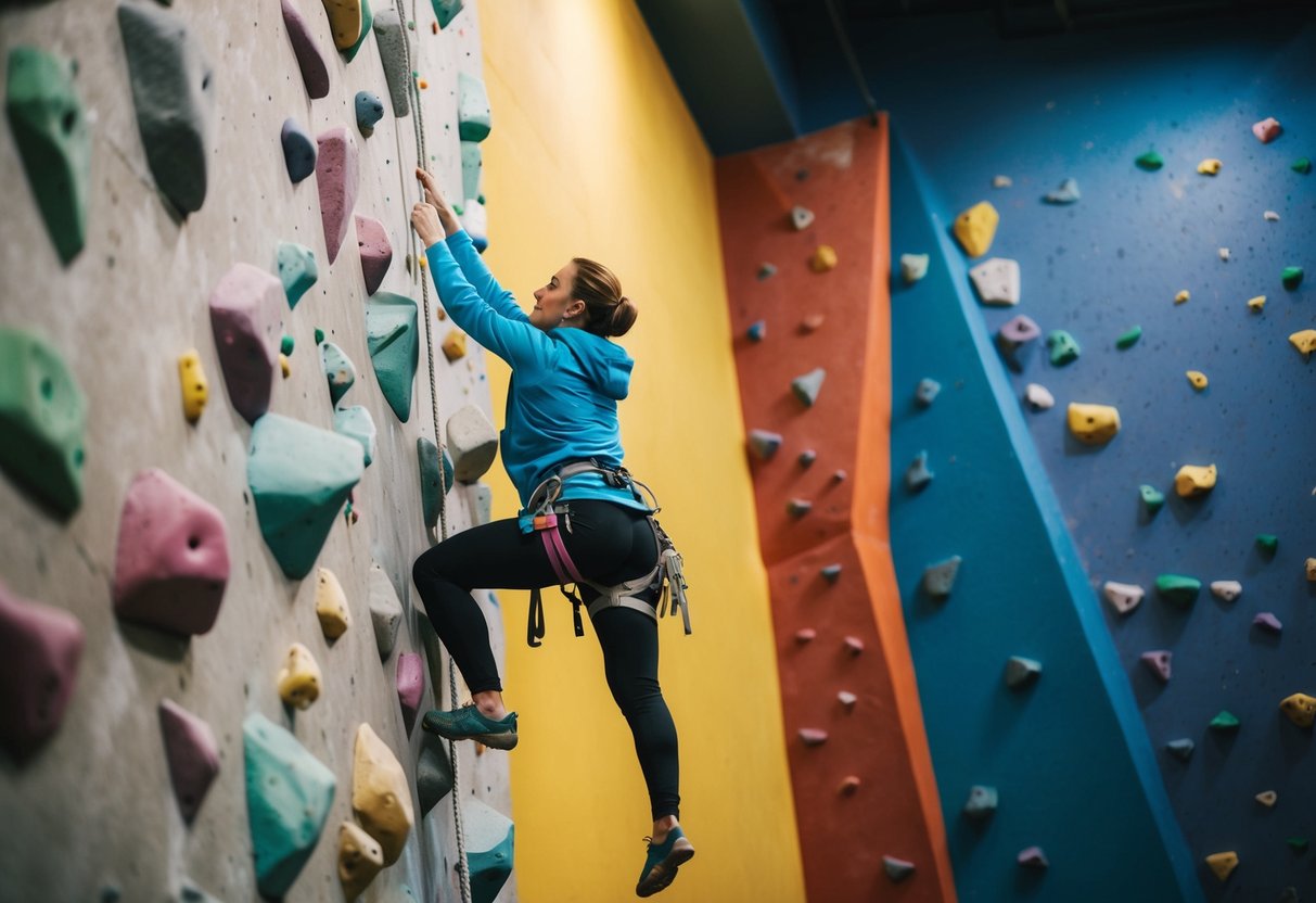 A climber ascends a colorful, textured indoor rock wall at The Front Climbing Club in Salt Lake City