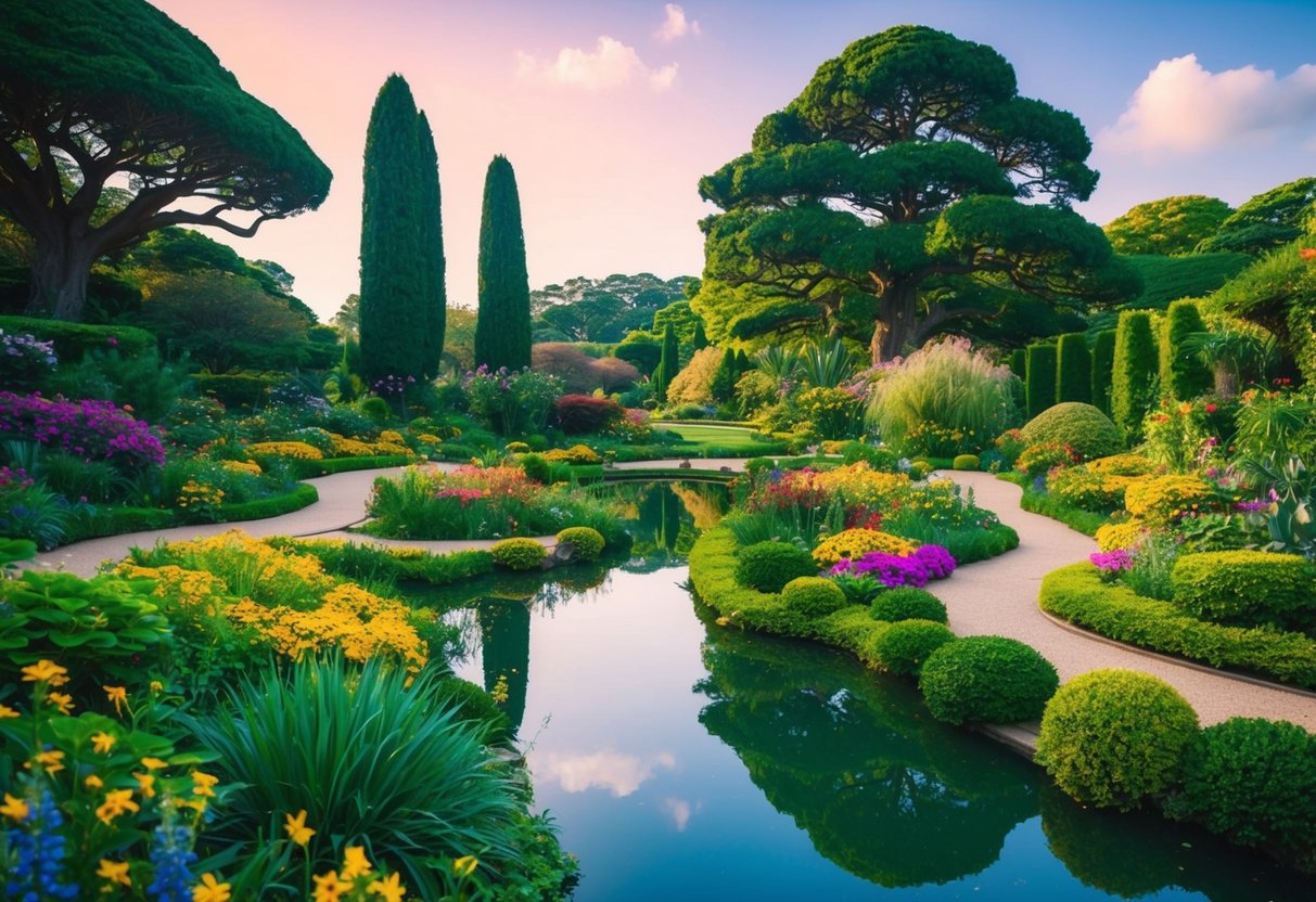 Lush botanical garden with winding paths, colorful flowers, and towering trees. A serene pond reflects the vibrant landscape, creating a peaceful atmosphere
