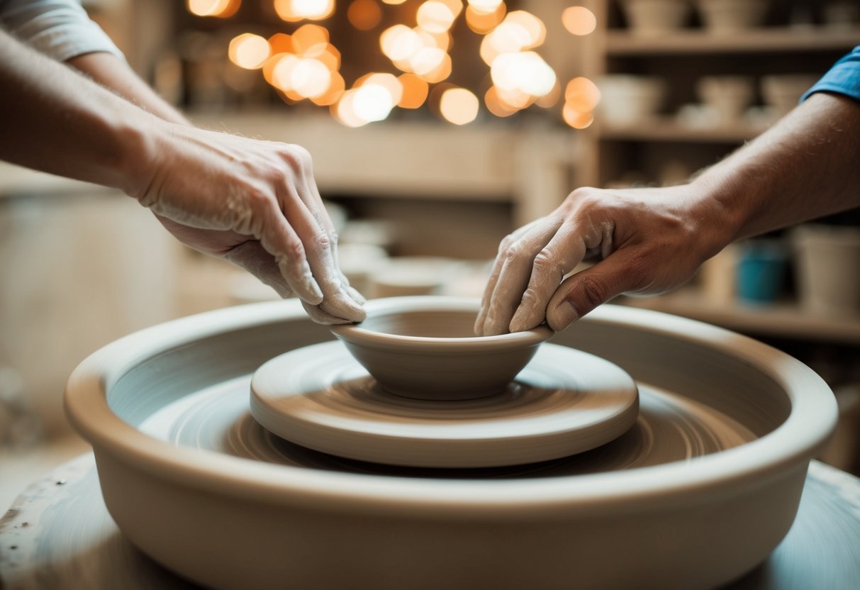 A pottery wheel spinning with two sets of hands shaping clay