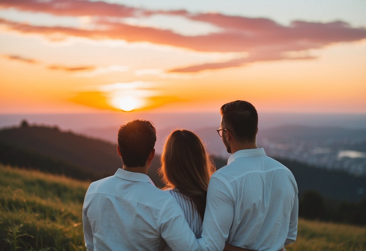 A couple admiring a sunset on a hillside