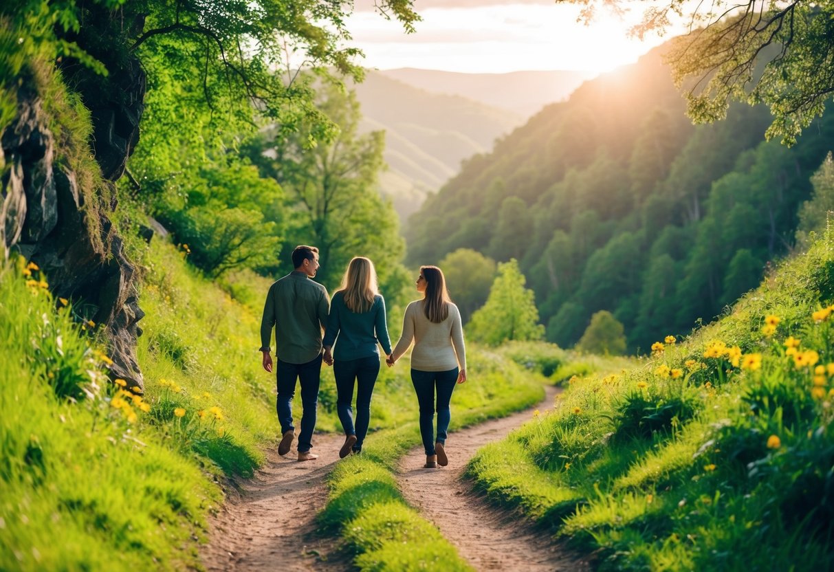 A couple walks hand-in-hand along a winding trail through Hidden Valley, surrounded by lush greenery and vibrant wildflowers. The sun peeks through the trees, casting a warm glow over the serene landscape