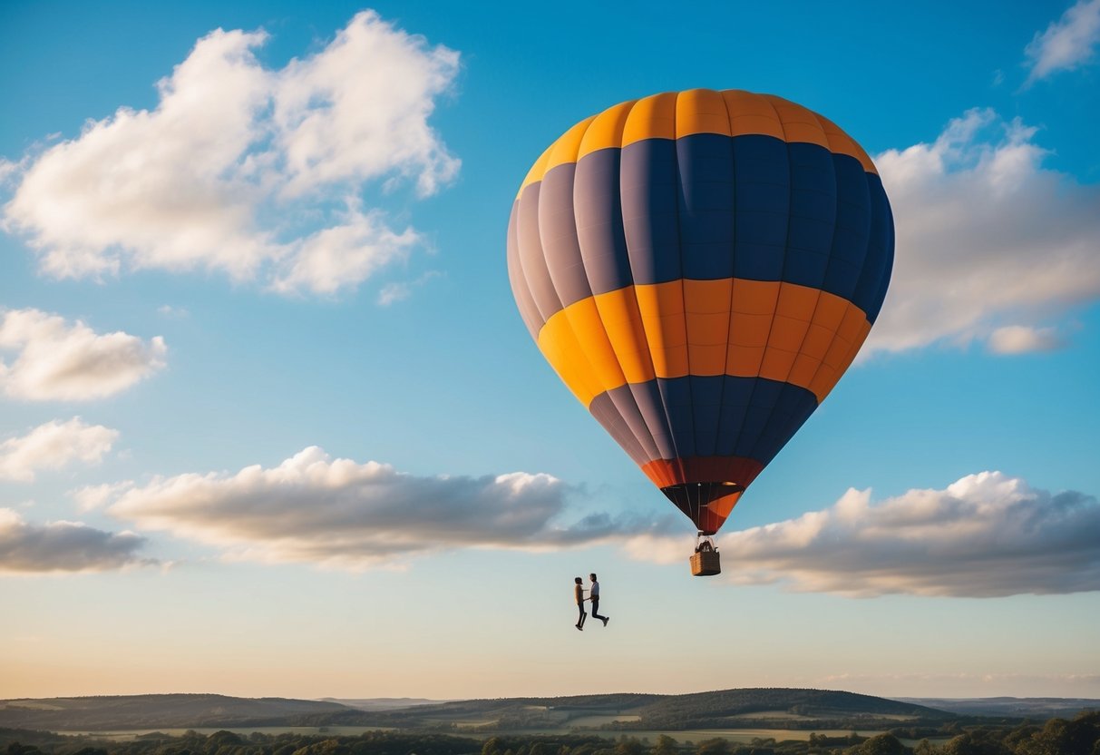 A couple drifts over a serene landscape in a colorful hot air balloon, surrounded by clear blue skies and fluffy white clouds
