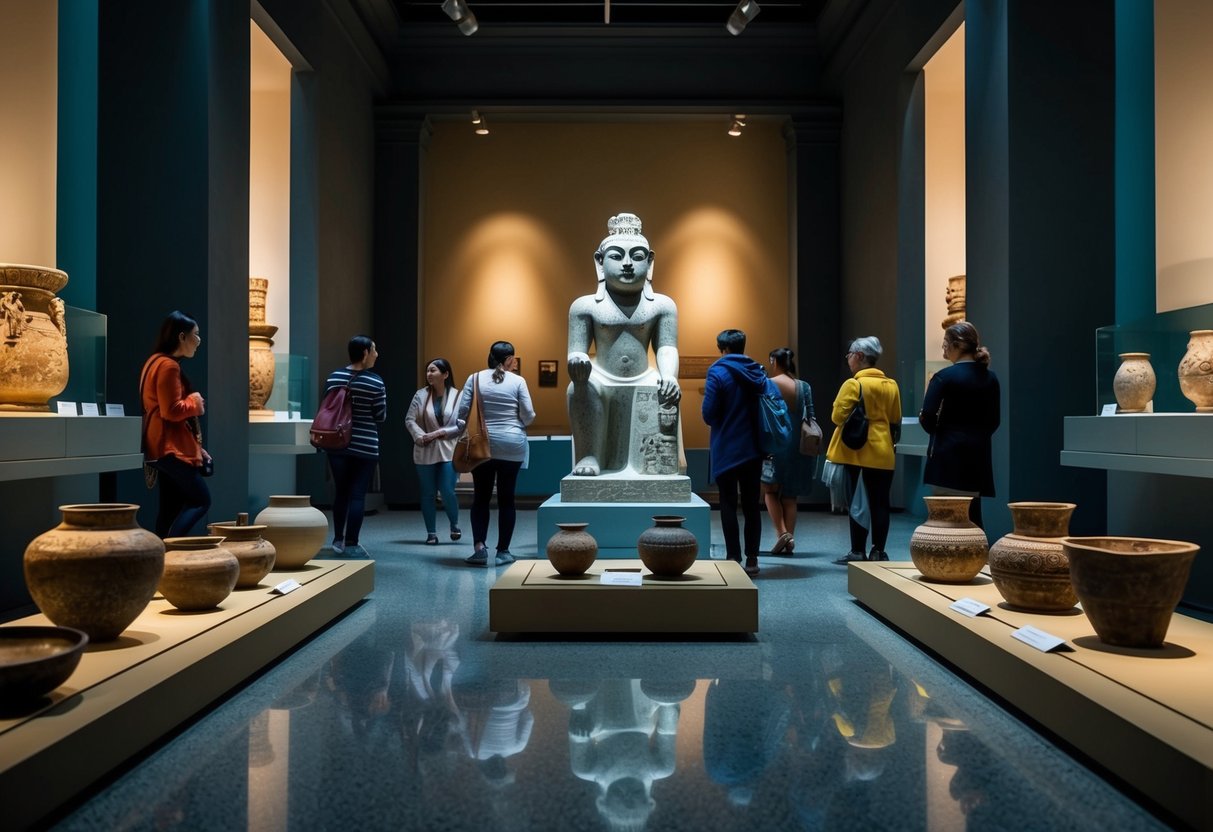 Visitors explore ancient artifacts in a dimly lit museum hall. A large stone statue stands in the center, surrounded by ancient pottery and intricate metalwork