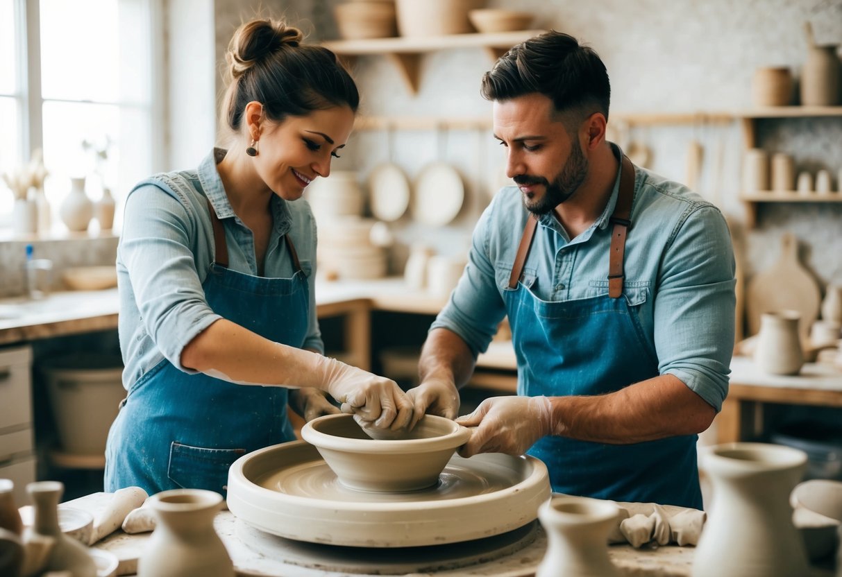 A couple shaping clay on a pottery wheel, surrounded by tools and pottery pieces in a cozy studio