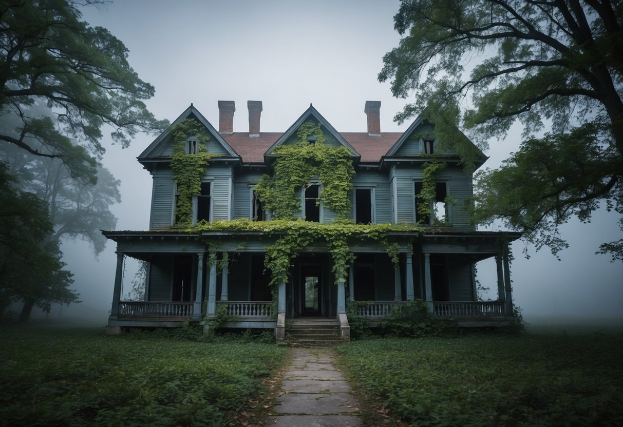 An eerie, abandoned mansion with overgrown vines and broken windows, surrounded by fog and looming trees