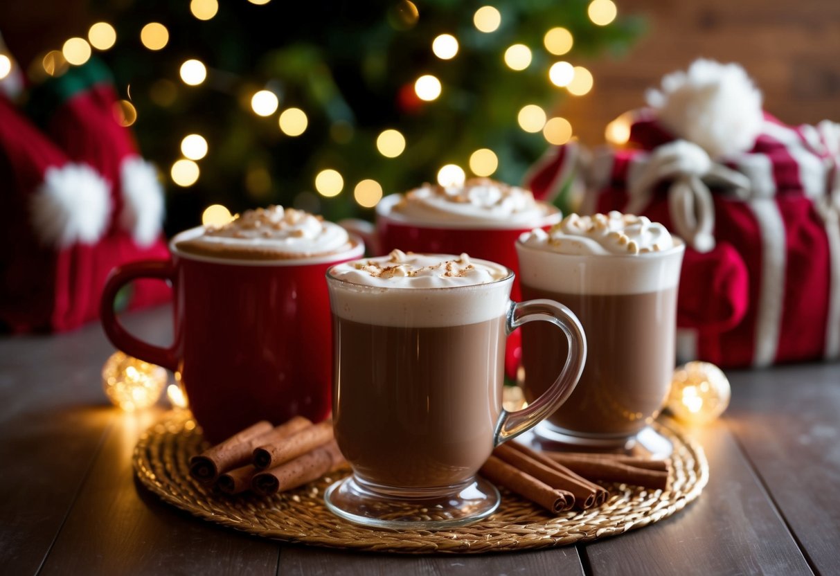 A cozy, festive scene with a hot cocoa bar and twinkling lights