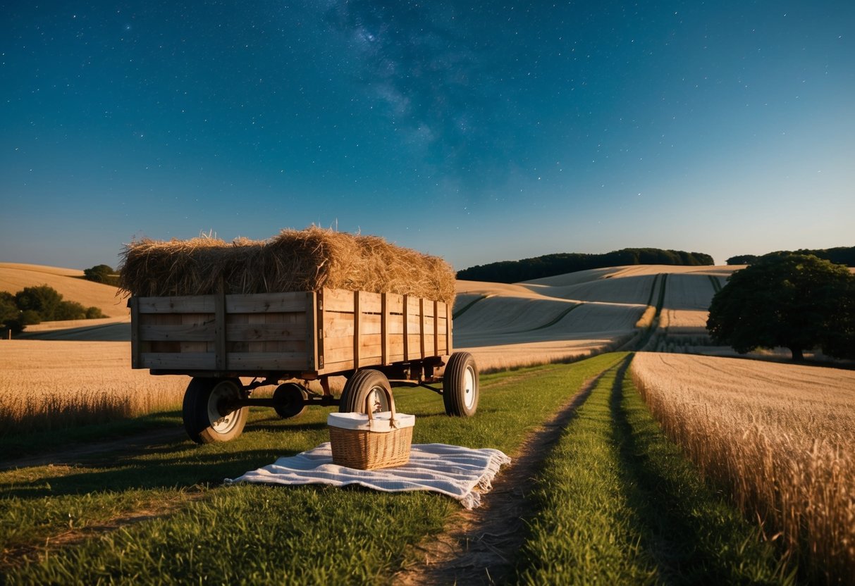 A rustic hayride through rolling countryside, with a cozy blanket and a picnic basket under a clear, starry sky