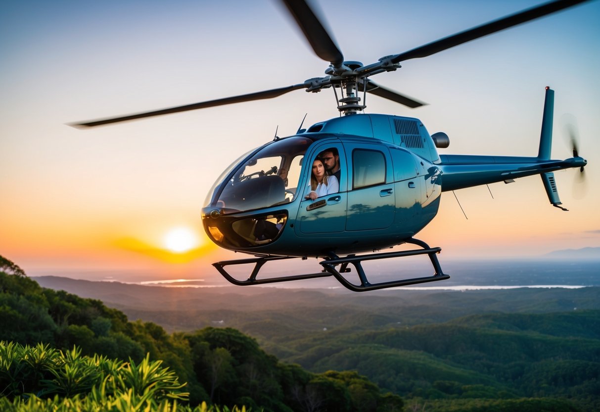 A helicopter hovers over a lush landscape, with a couple inside admiring the breathtaking view. The sun sets in the distance, casting a warm glow over the scene