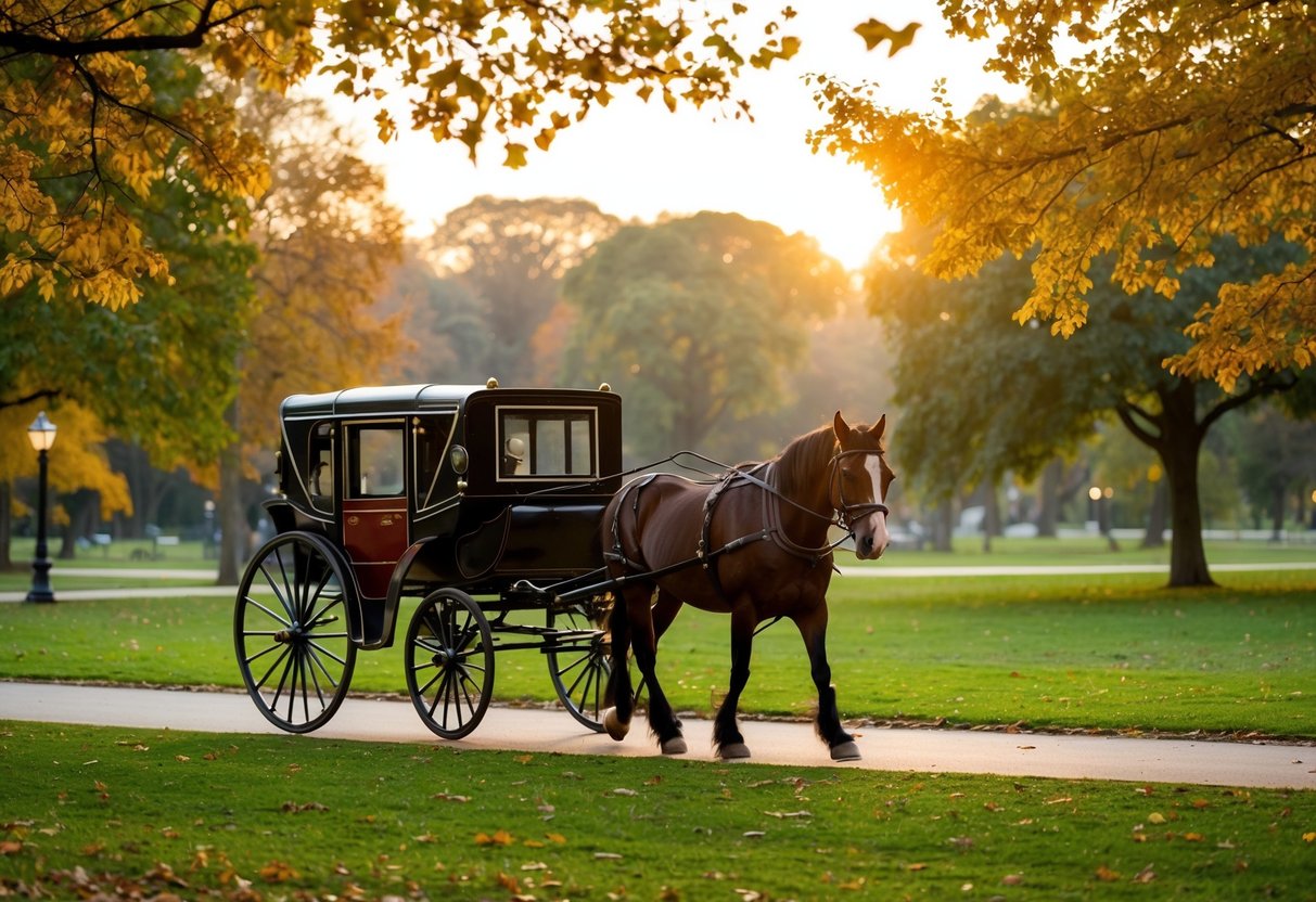 A horse-drawn carriage rolls through a peaceful park, framed by autumn leaves and a setting sun