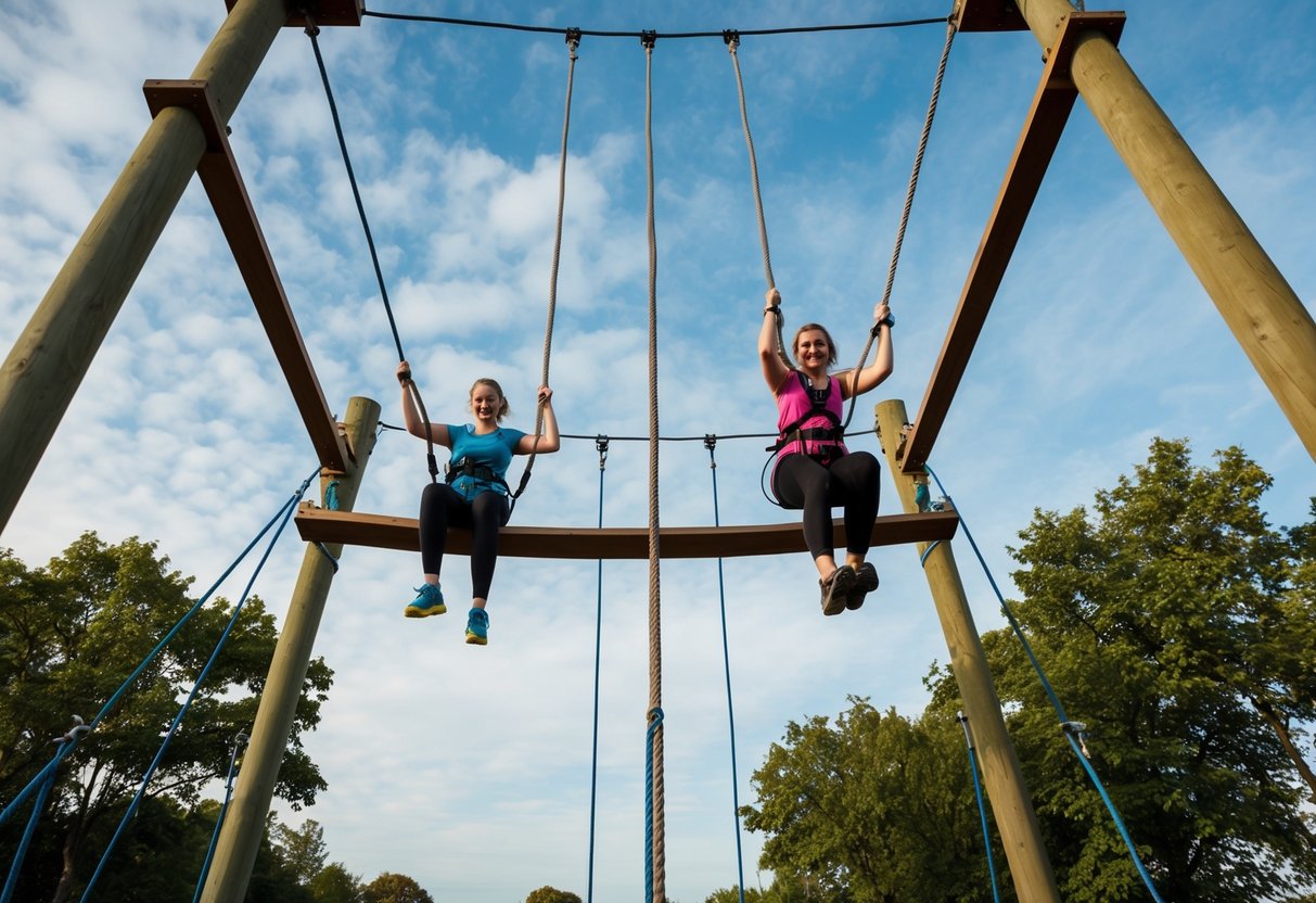 Two figures navigate a high ropes course, balancing on narrow beams and swinging from ropes. The treetops below and the sky above create a thrilling backdrop