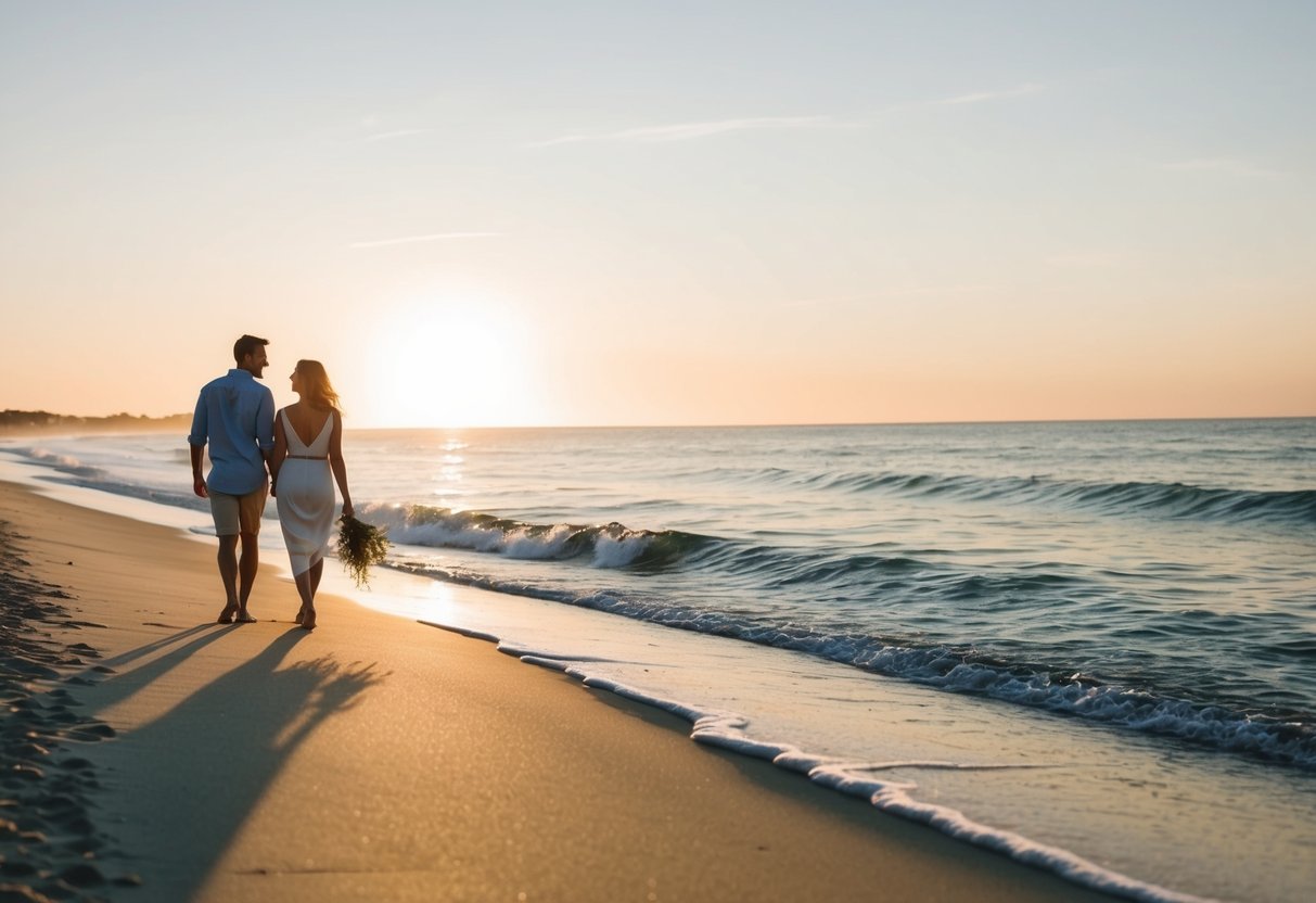 A couple strolls along the sandy beach, waves gently lapping at their feet, as the sun sets in the distance