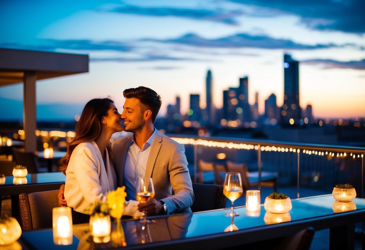 A couple enjoying a romantic evening at a hotel rooftop bar, with ambient lighting and a view of the city skyline