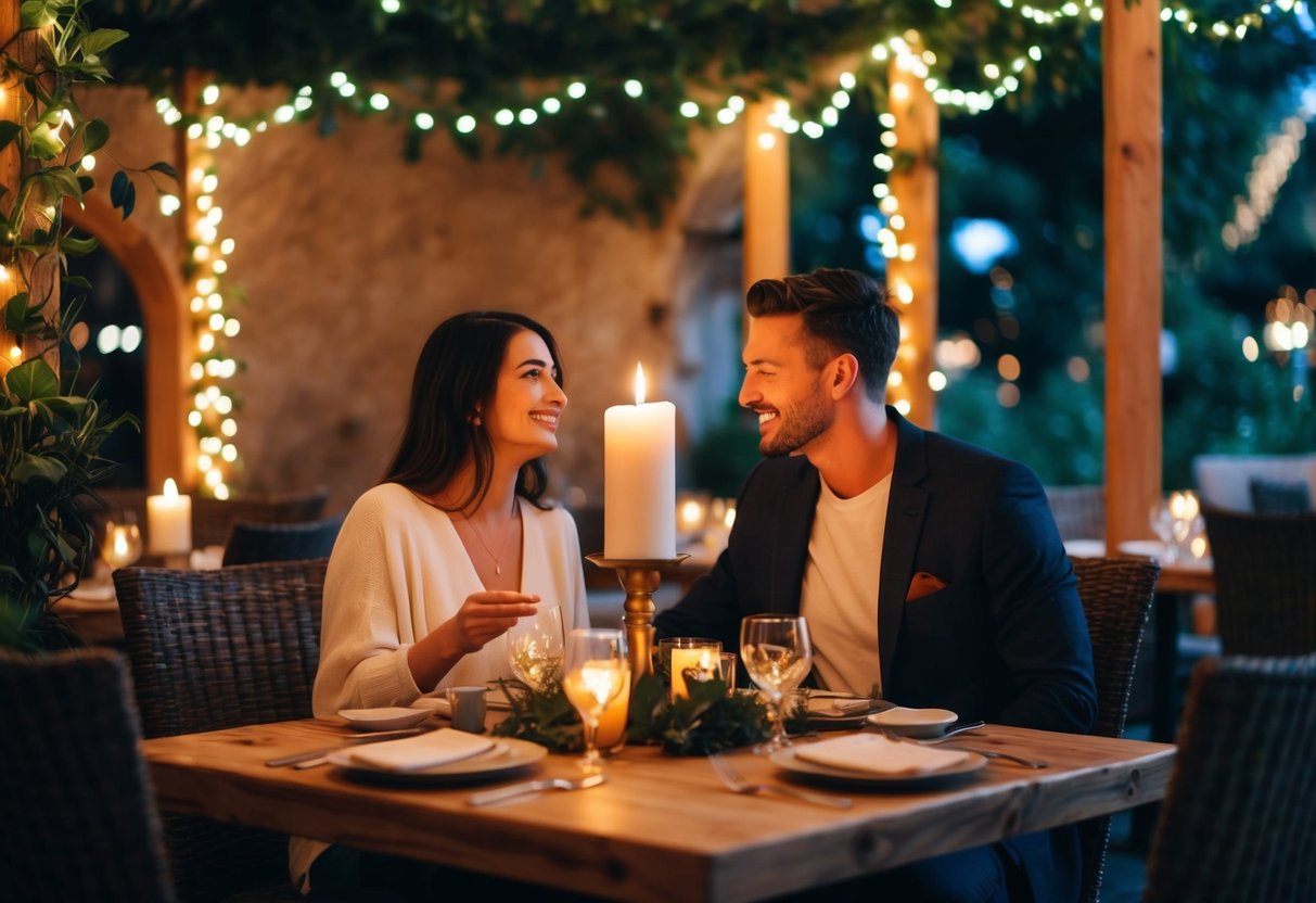 A couple enjoying a candlelit dinner at a cozy, rustic restaurant with a warm ambiance, surrounded by lush greenery and twinkling fairy lights