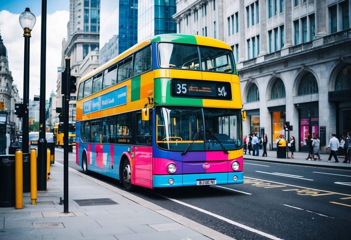 A bustling city street with a colorful double-decker bus parked at a designated stop, surrounded by iconic landmarks and bustling activity