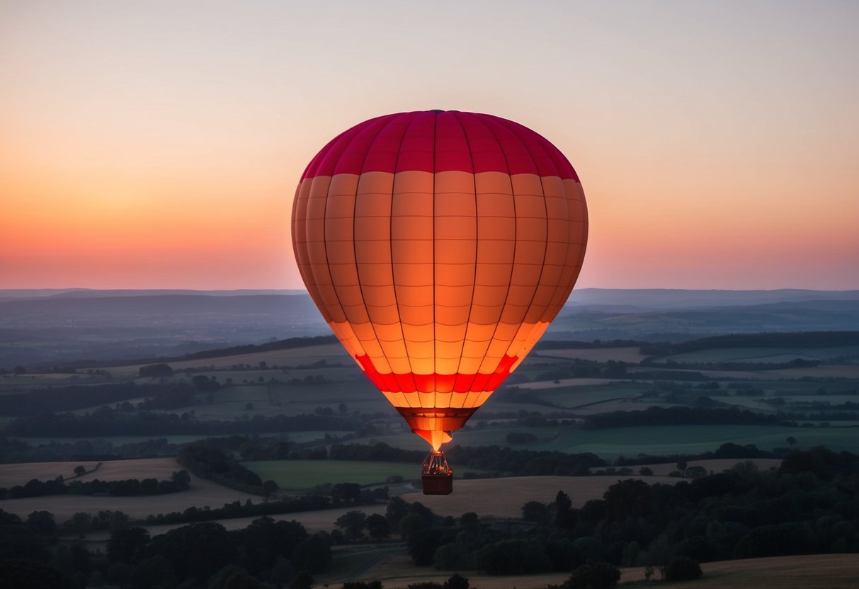 A hot air balloon ride at sunset over a picturesque landscape