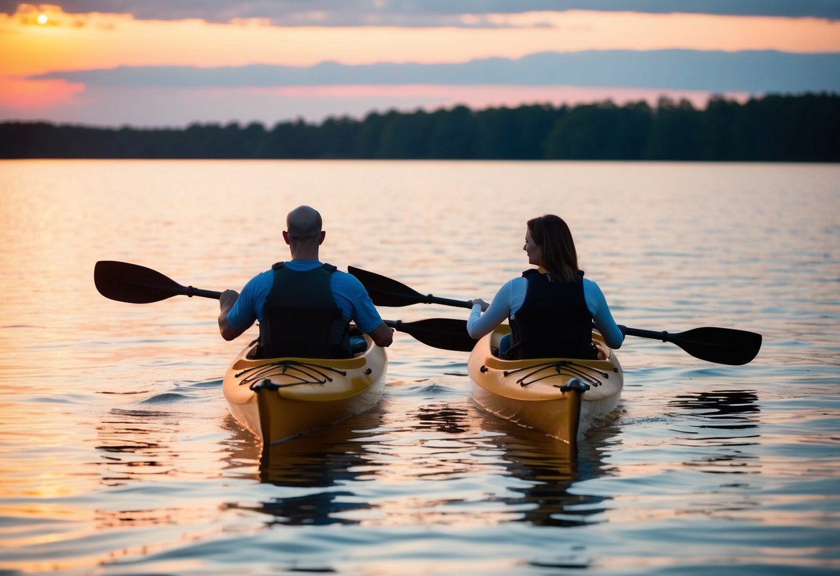 A couple kayaking on a serene lake at sunset