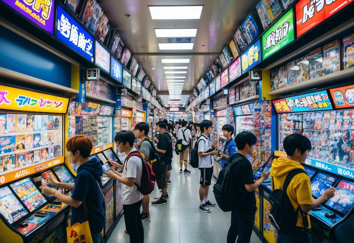 Akihabara: colorful anime shops and arcades, bustling with otaku and cosplayers, filled with manga and figurines, buzzing with energy and excitement