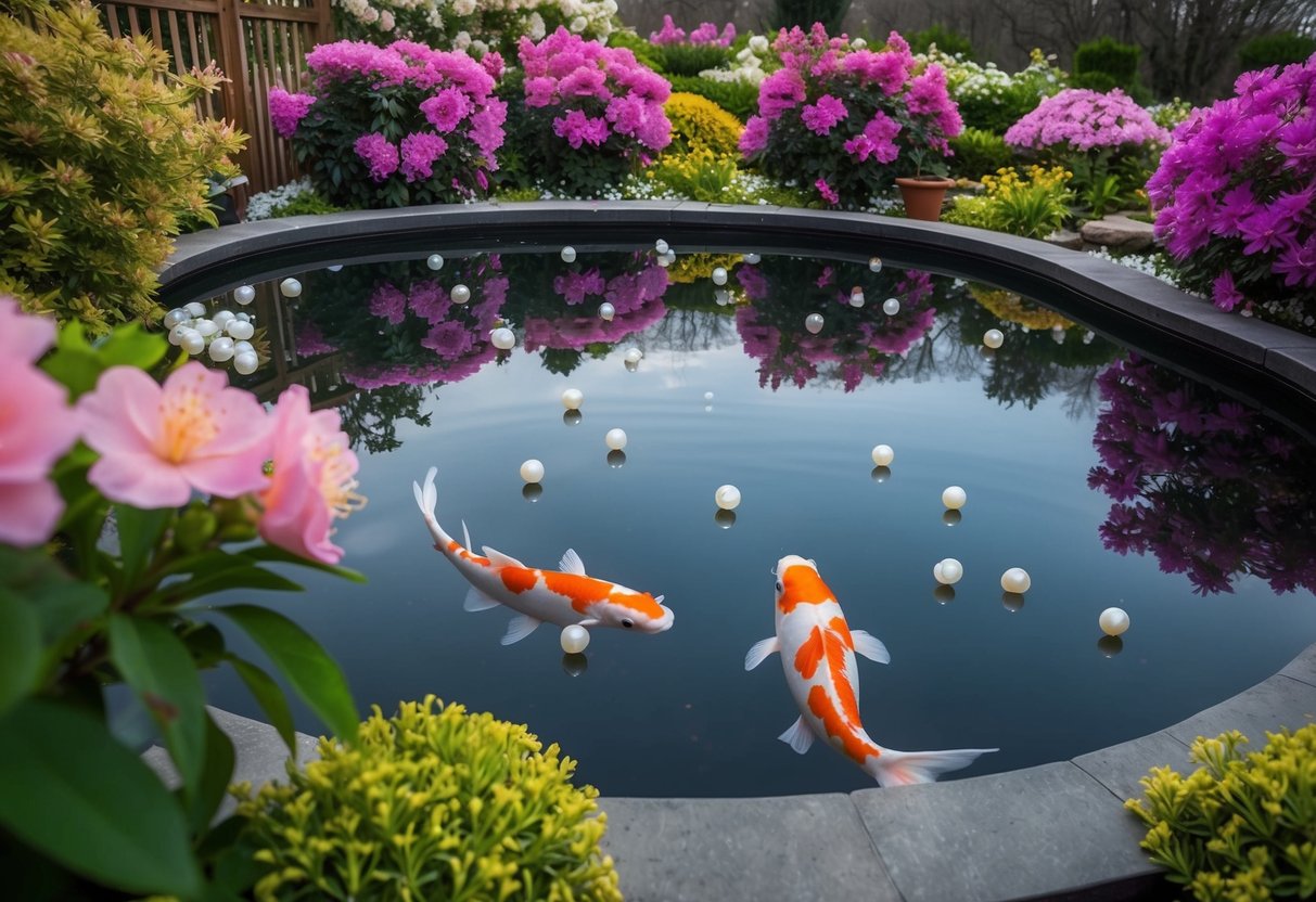 A koi pond with floating akoya pearls, surrounded by blooming azaleas and a serene koi fish swimming beneath the surface