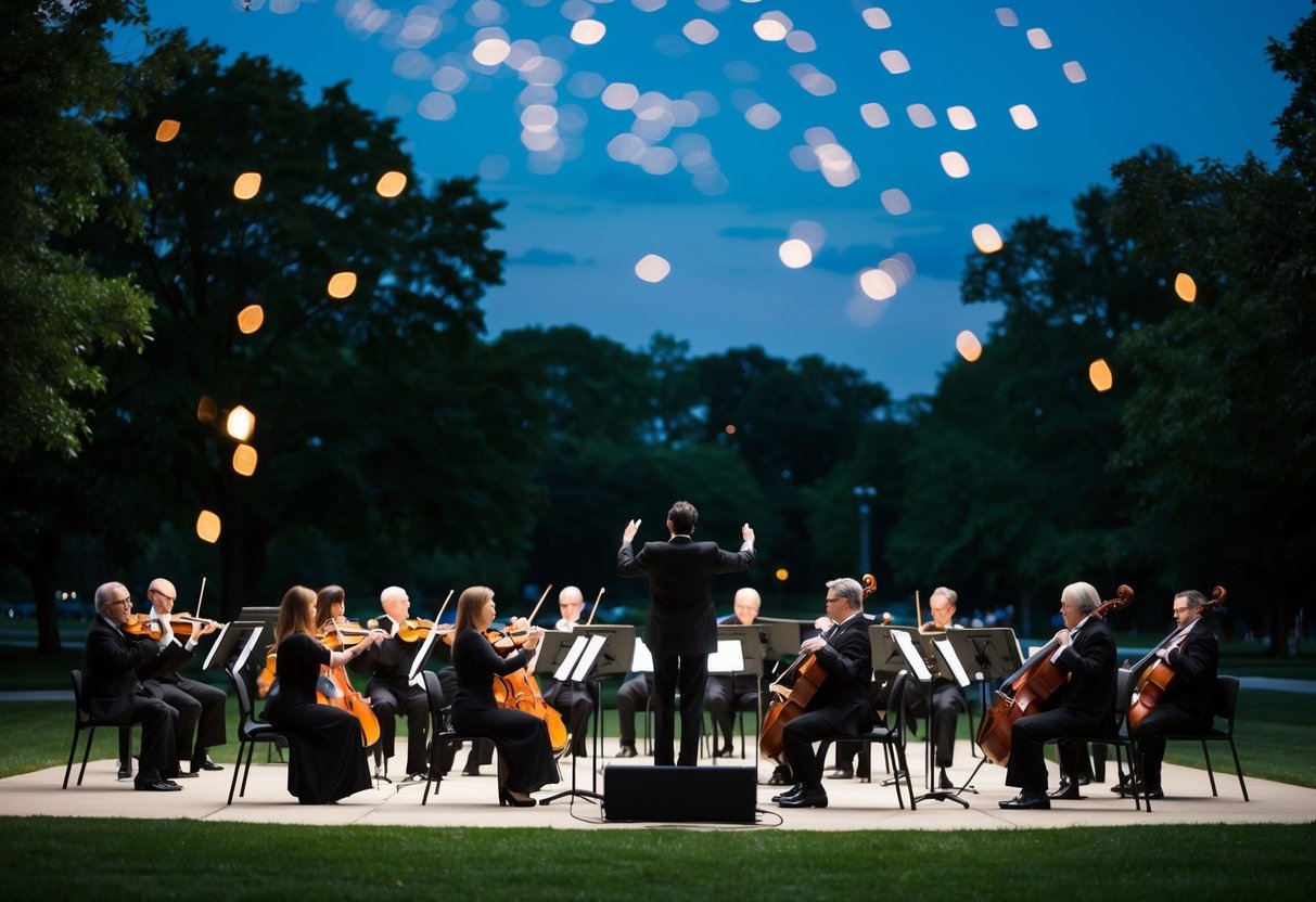 The Akron Symphony Orchestra performing under a starry sky at a park